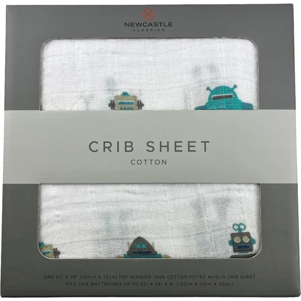 Robot Cotton Muslin Fitted Baby Crib Sheet White Standard‎ Mattress NWT
